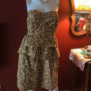 J Crew Strapless tan and purple pattern dress